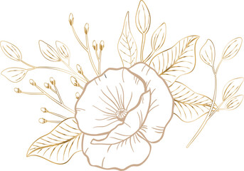 Stylized floral motif is showing golden flower, leaves, buds in line art on transparent background