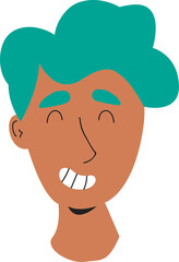 Cartoon male head is showing wide toothy grin with teal hair in flat design, transparent background