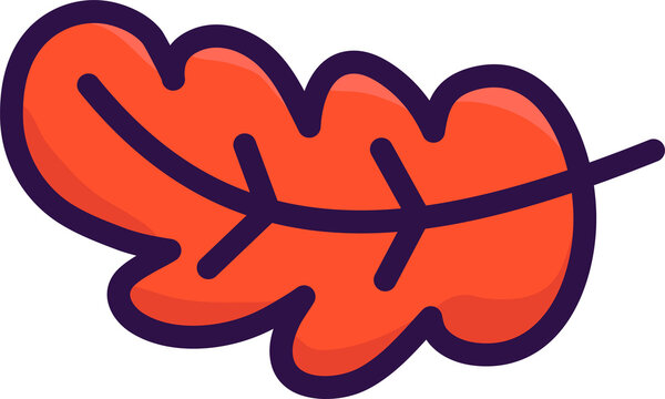 Cartoon oak-shaped leaf is displaying orange-red gradient purple outline, transparent background