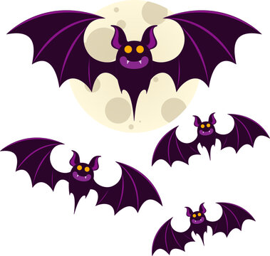 Naklejki Stylized illustration is depicting five purple bats flying across full moon, transparent background
