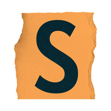 Dark teal letter S on torn orange paper is floating on transparent background, flat design