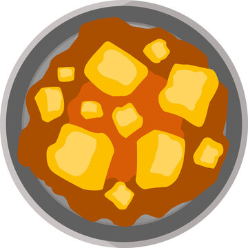 Flat illustration showing gray plate with orange stew and yellow chunks on transparent background