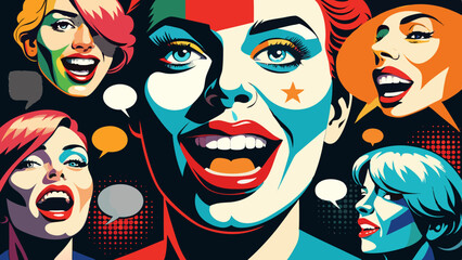 Trendy Pop Art Mouths and Colorful Speech Bubbles in Retro Comic Style Collage on Black  Generative AI