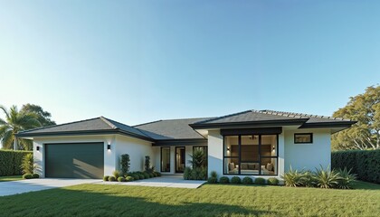 Contemporary White Single-Story House with Landscaped Garden Under Clear Sky