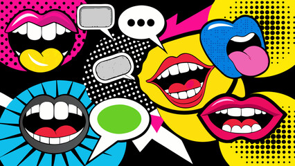 Trendy Pop Art Mouths and Colorful Speech Bubbles in Retro Comic Style Collage on Black  Generative AI