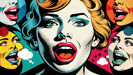 Trendy Pop Art Mouths and Colorful Speech Bubbles in Retro Comic Style Collage on Black  Generative AI