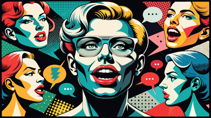 Trendy Pop Art Mouths and Colorful Speech Bubbles in Retro Comic Style Collage on Black  Generative AI