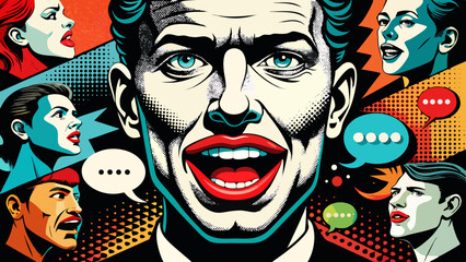 Trendy Pop Art Mouths and Colorful Speech Bubbles in Retro Comic Style Collage on Black  Generative AI