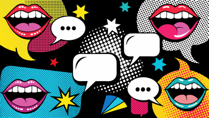 Trendy Pop Art Mouths and Colorful Speech Bubbles in Retro Comic Style Collage on Black  Generative AI