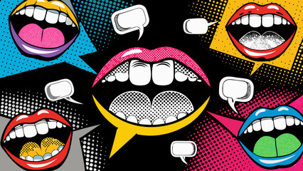Trendy Pop Art Mouths and Colorful Speech Bubbles in Retro Comic Style Collage on Black  Generative AI
