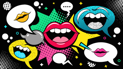 Trendy Pop Art Mouths and Colorful Speech Bubbles in Retro Comic Style Collage on Black  Generative AI
