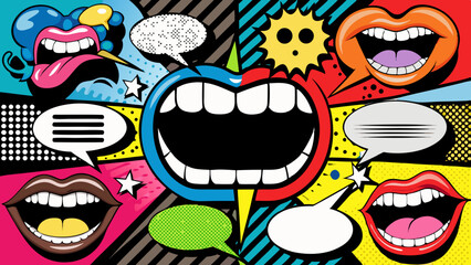 Trendy Pop Art Mouths and Colorful Speech Bubbles in Retro Comic Style Collage on Black  Generative AI