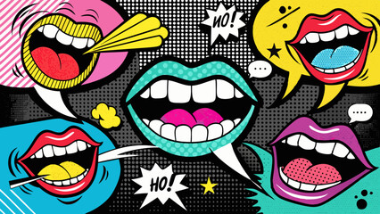 Trendy Pop Art Mouths and Colorful Speech Bubbles in Retro Comic Style Collage on Black  Generative AI