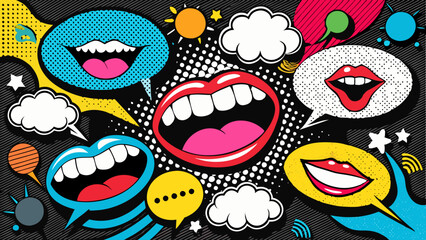 Trendy Pop Art Mouths and Colorful Speech Bubbles in Retro Comic Style Collage on Black  Generative AI