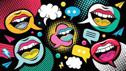 Trendy Pop Art Mouths and Colorful Speech Bubbles in Retro Comic Style Collage on Black  Generative AI