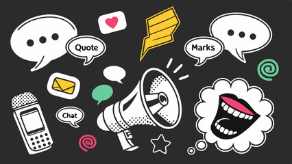 Trendy Pop Art Mouths and Colorful Speech Bubbles in Retro Comic Style Collage on Black  Generative AI