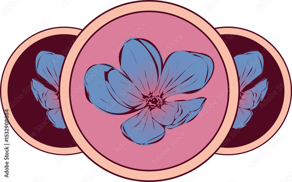 Poster blue flower is showing in flat design with overlapping pink-maroon circles on transparent backdrop