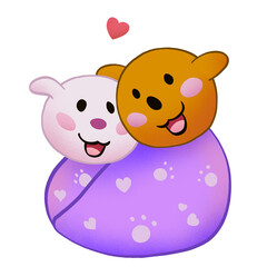 Two cartoon bear faces are nesting on purple cushion with heart, paw prints, transparent background