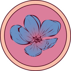 Stylized flower is showing blue gradient petals in pink peach badge on clear backdrop, copy space