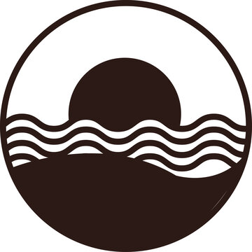 Naklejki Stylized sun is rising over ocean waves in circle flat emblem, featuring transparent background