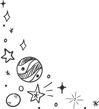 Naklejki Hand-drawing space doodles diagonally on transparent background with striped planet, stars