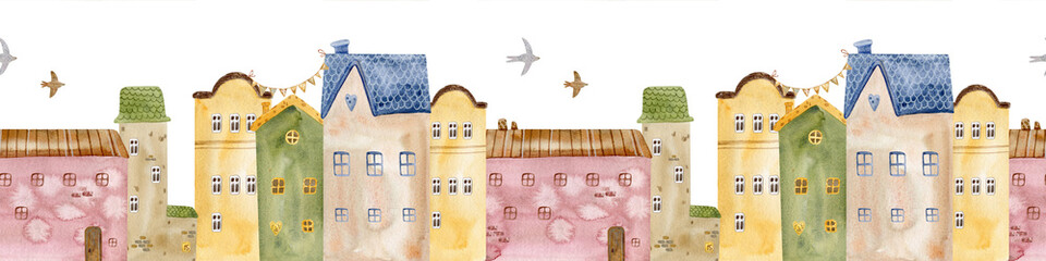 Architectural seamless border pattern on a white background. Cute watercolor buildings and trees. Panorama of fairytale houses, old town streets. Trendy scandinavian background