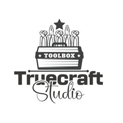 Naklejka premium Truecraft Studio Logo with Toolbox and Tools Silhouette