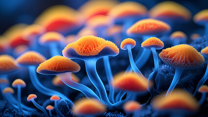 Vibrant Cap Carnival: Radiant glow emanates from bold orange crowns and cool cobalt stems, crafting an enigmatic, mesmerizing display.