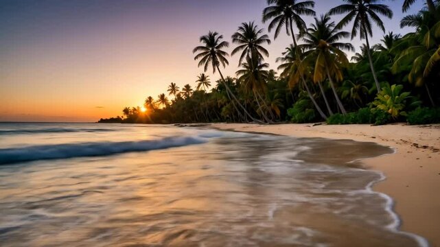 Tropical beach sunset with palm trees and ocean waves at golden hour, seamless looping 4k time-lapse animation video background