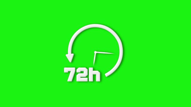 Clock Icon 72 Hours, Animated Stopwatch, Green Background, Alpha Channel, HUD Timer, Waiting Time Animation, 4K