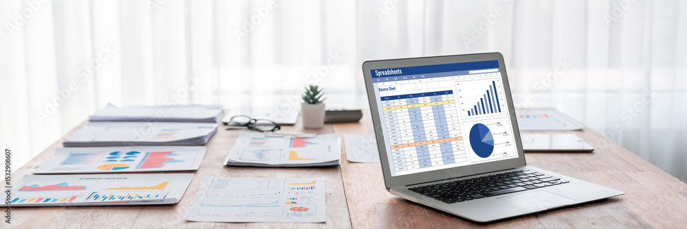 Poster spreadsheet document information financial startup concept. data and graphs in spreadsheet documents