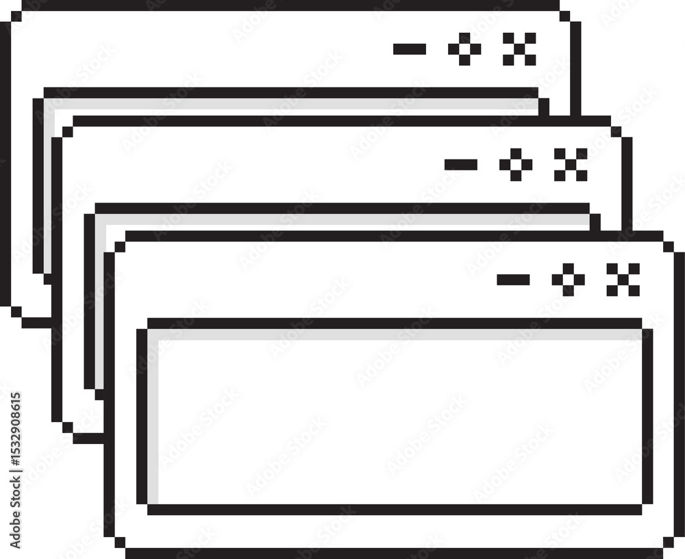 Poster three pixel art gui frames are overlapping diagonally with control icons on transparent background