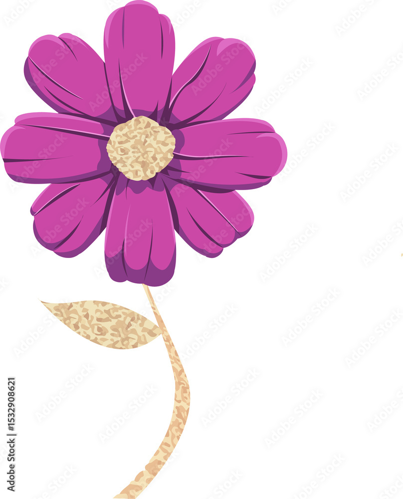 Poster flat vector showing magenta flower floating on transparent background with textured yellow center