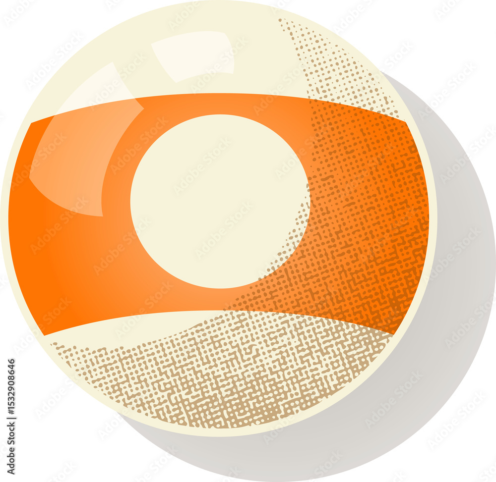 Poster vector sphere is floating on transparent background with orange band, halftone dots and drop shadow