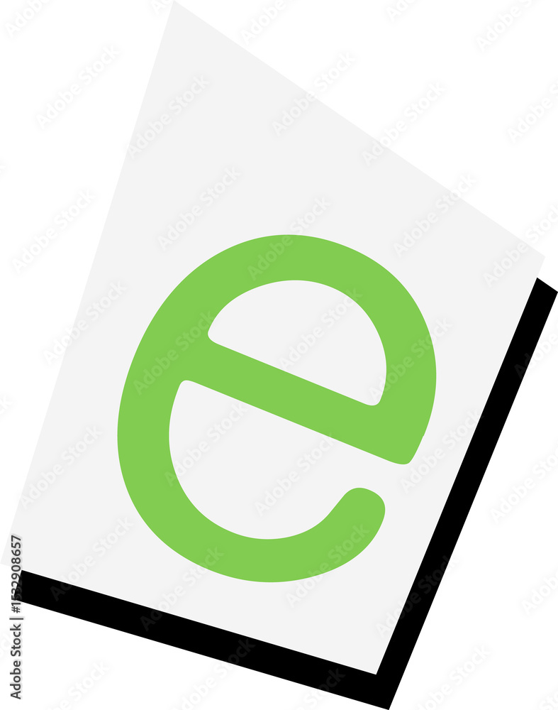 Poster flat design white sheet floating on transparent backdrop showing green e icon casting drop shadow