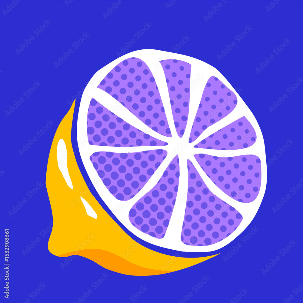 Poster half citrus slice is showing in flat design with violet dotted pulp, transparent background