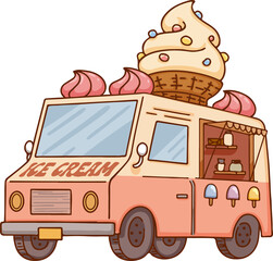 flat pastel ice cream truck is showing giant cone and popsicle stickers on transparent background