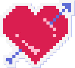 Stylized pixel-art heart is being pierced diagonally by blue pixel arrow on transparent background