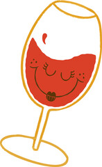 Showing minimal flat wine glass in gold, holding cartoon-faced red liquid, transparent background