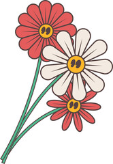Flat art showing three daisies rising diagonally with transparent bg and yellow eye-like centers