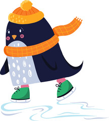 Cartoon penguin is ice skating on transparent backdrop with orange hat, checked scarf, green skates