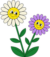 Pair of cartoon daisies smiling yellow faces with ivory and lavender petals on transparent backdrop
