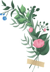 Painted bouquet is unfolding with leaves, pink blossoms, blue berries, tape on clear background