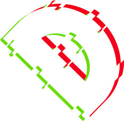 Abstract flat-style semicircle is floating on transparent backdrop with glitch red-and-green lines