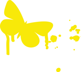 Flat design yellow butterfly is dripping paint and scattering droplets on transparent background