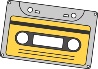 flat design cassette tape is floating diagonally on transparent background with yellow label panel