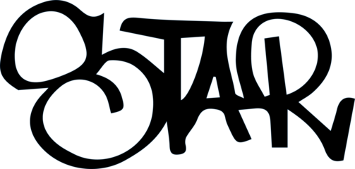 Word STAR is appearing in bold black street art style with fluid strokes on transparent background