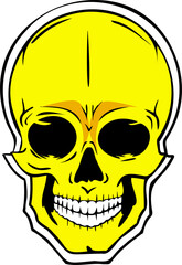 Cartoon yellow skull graphic is featuring black outline and white border, transparent background