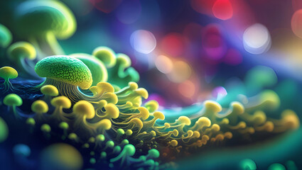 Enigmatic Fungi Symphony: Glowing light and vivid hues unfold in a mysterious digital fusion, blending nature and art into a mesmerizing visual wonder.