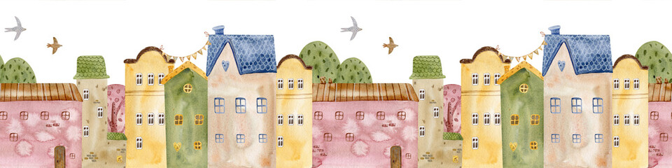 Architectural seamless border pattern on a white background. Cute watercolor buildings and trees. Panorama of fairytale houses, old town streets. Trendy scandinavian background